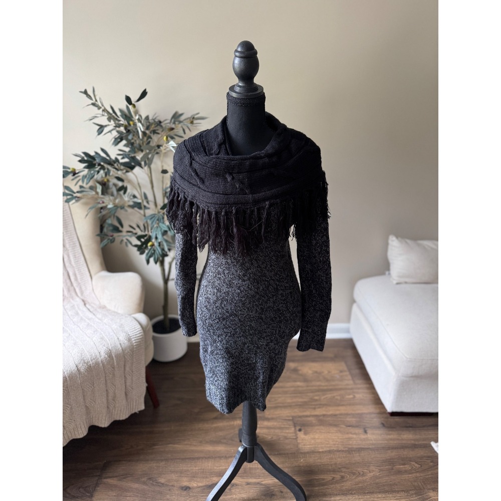 Romeo and Juliet Couture Womens Small Marled Grey Fringe Cowl Sweater Dress